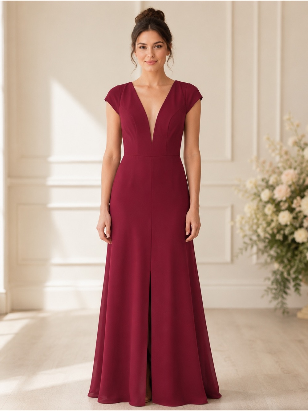 Azazie Deep V Burgundy A-Line Maxi Dress
